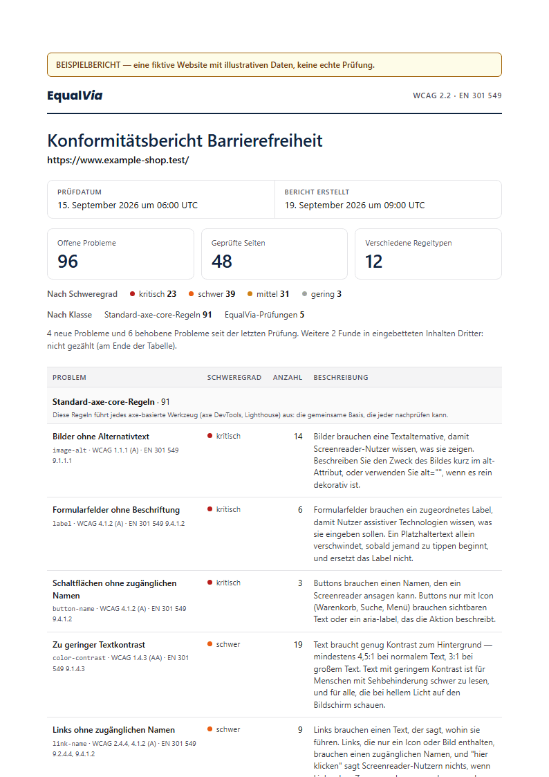 Erste Seite des Beispiel-PDF-Berichts: 96 offene Probleme auf 48 geprüften Seiten, eine Tabelle pro Regel mit Schweregrad und Verweisen auf WCAG und EN 301 549.